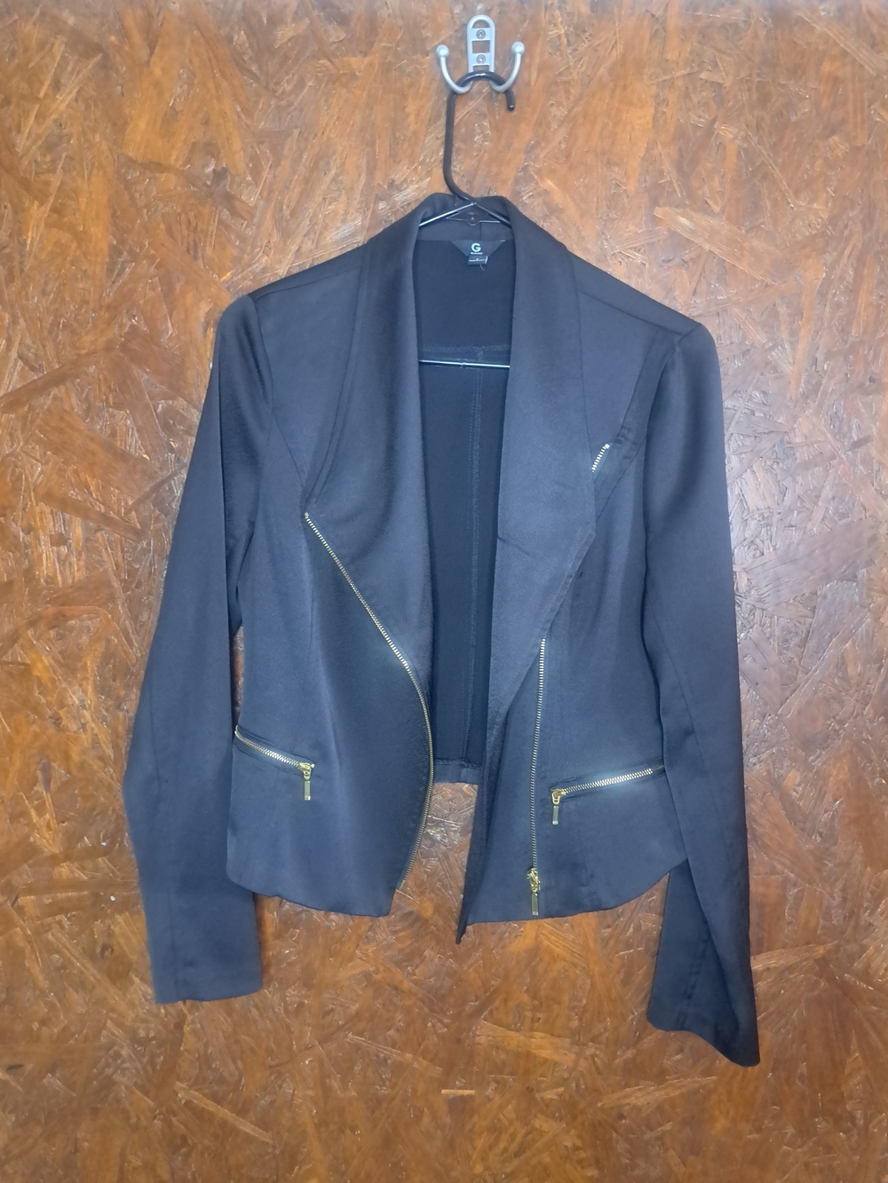 G by Guess Black Zip-Front Blazer Jacket with Gold Hardware